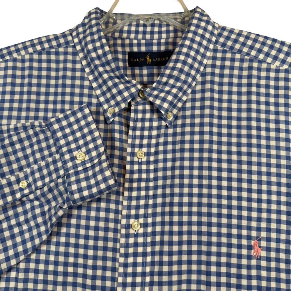 Ralph Lauren Button Down Shirt Mens 3XB Blue White Gingham Long Sleeve Pink Pony